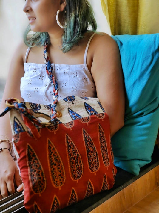 Maroon & Off-White Hand Block Printed Braided Ethnic Sling Bags