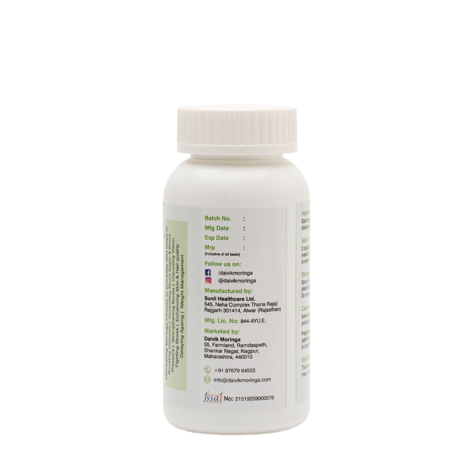 Daivik Moringa Veg Capsules | 100% Natural | Immunity Booster, Anti Aging, Anti Oxidant | 100 Caps Each