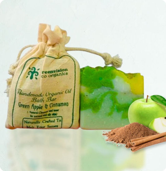 Handmade Organic Oil Bath Bar Green Apple & Cinnamon (Natural Cleanser and toner for normal and oily skin)100gm