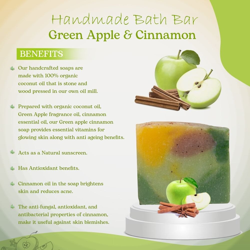 Handmade Organic Oil Bath Bar Green Apple & Cinnamon (Natural Cleanser and toner for normal and oily skin)100gm
