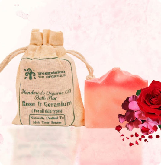 Handmade Organic Oil Bath Bar Rose & Geranium (For all skin types) 100gm