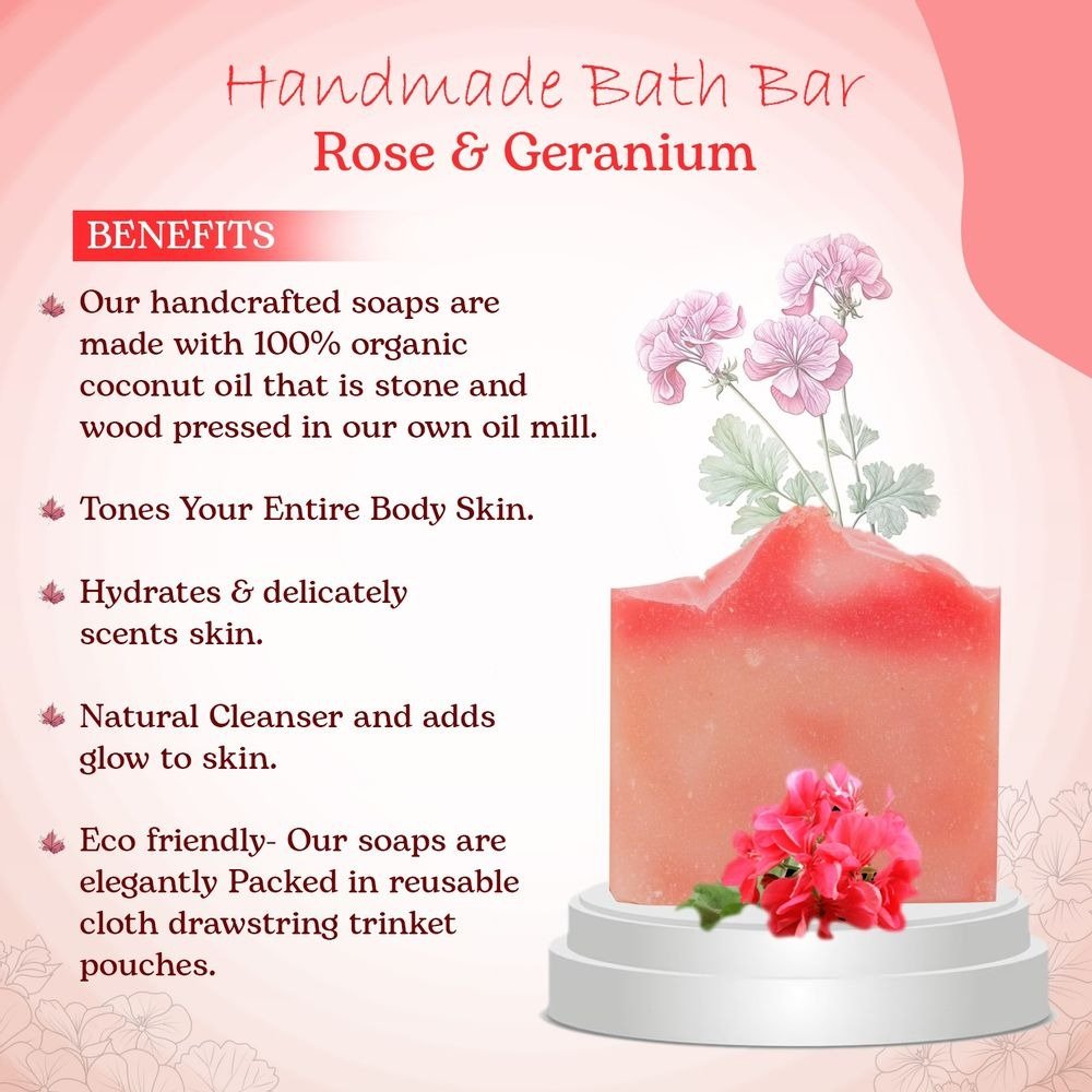 Handmade Organic Oil Bath Bar Rose & Geranium (For all skin types) 100gm