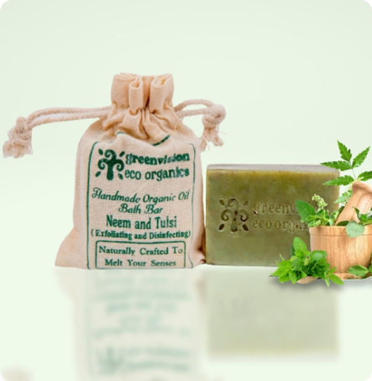 Handmade Organic Oil Bath Bar  Neem & Tulsi (Anti Bacterial & Exfoliating Scrub) 100 Gm