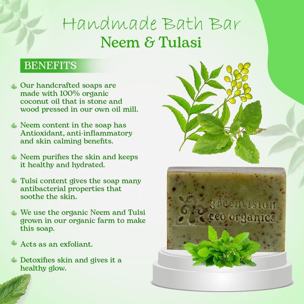 Handmade Organic Oil Bath Bar  Neem & Tulsi (Anti Bacterial & Exfoliating Scrub) 100 Gm