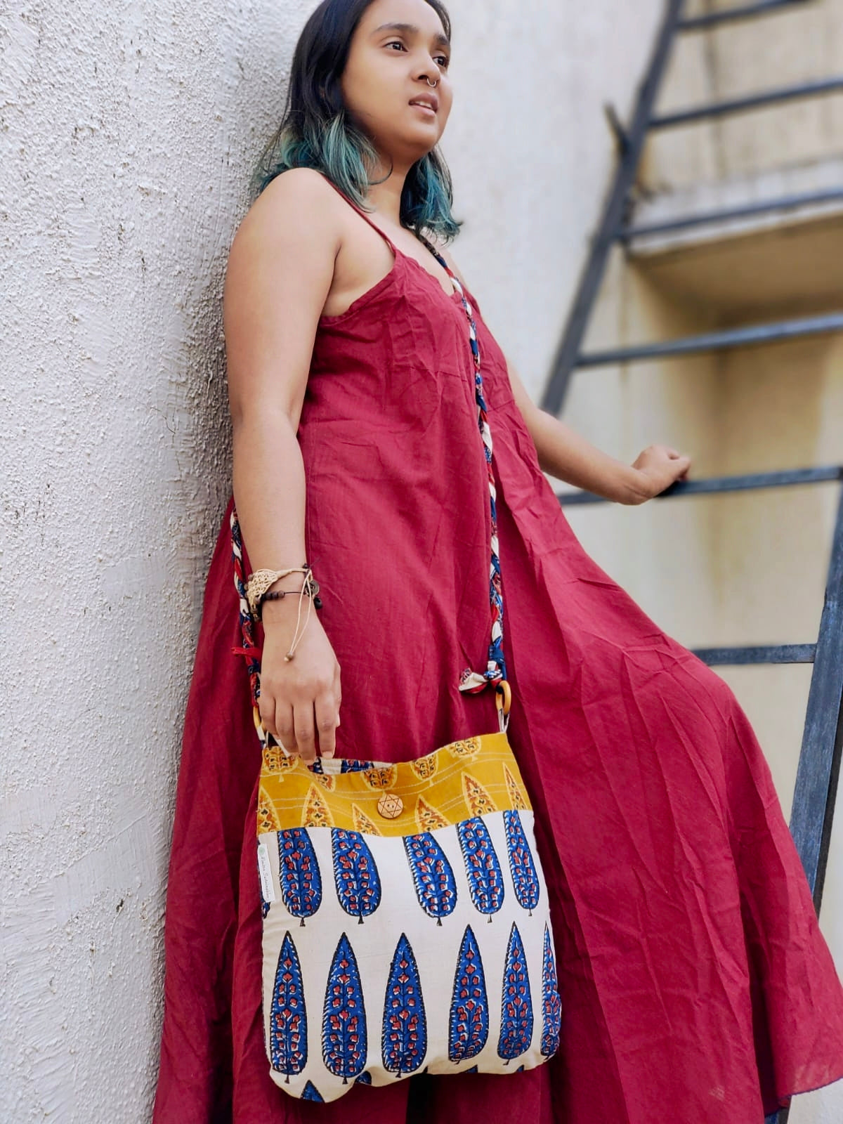 Blue & Off-white Hand Block Printed Braided Ethnic Sling Bags.