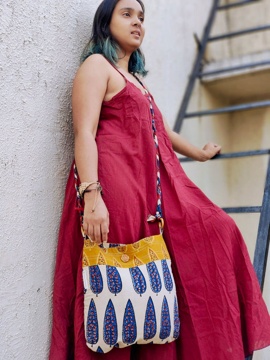 Blue & Off-white Hand Block Printed Braided Ethnic Sling Bags.