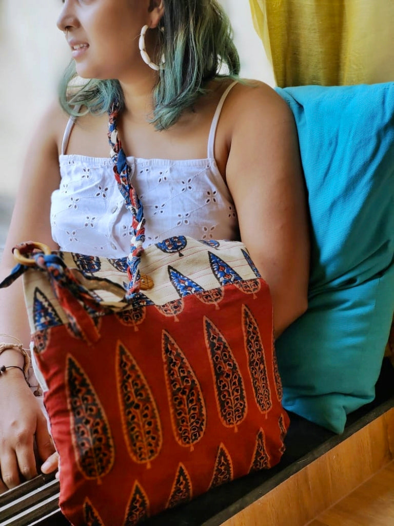 Maroon & Off-White Hand Block Printed Braided Ethnic Sling Bags