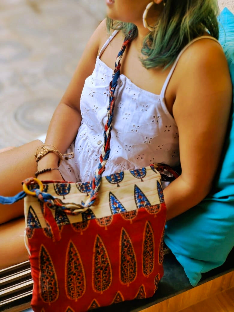 Maroon & Off-White Hand Block Printed Braided Ethnic Sling Bags