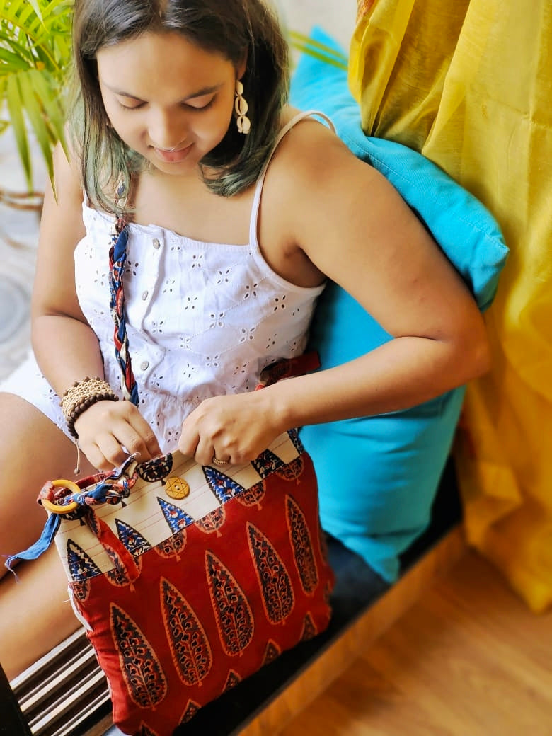 Maroon & Off-White Hand Block Printed Braided Ethnic Sling Bags