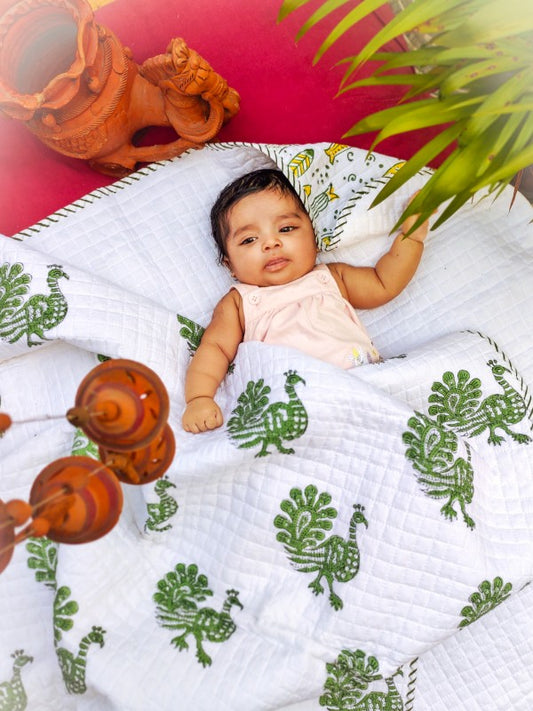 Mystic Peacock – Hand Block Printed Muslin Blanket